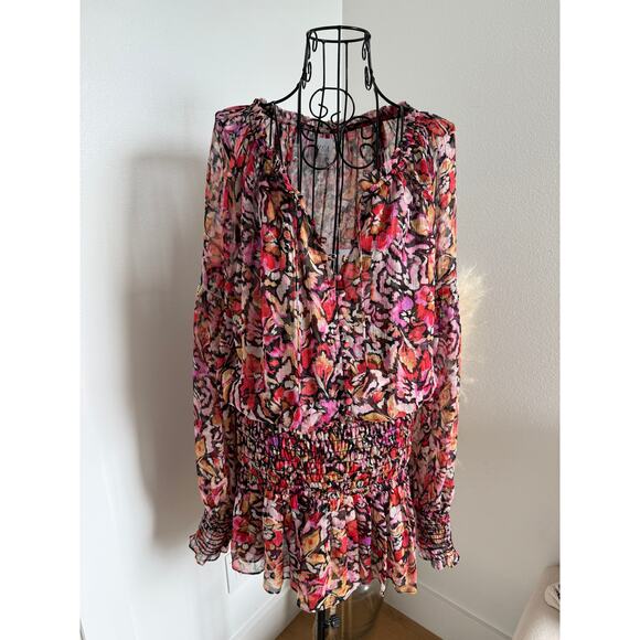 Misa Celina Red Fire Flora Sheer Long Sleeve Smocked Mini Dress NEW Medium - Picture 3 of 14